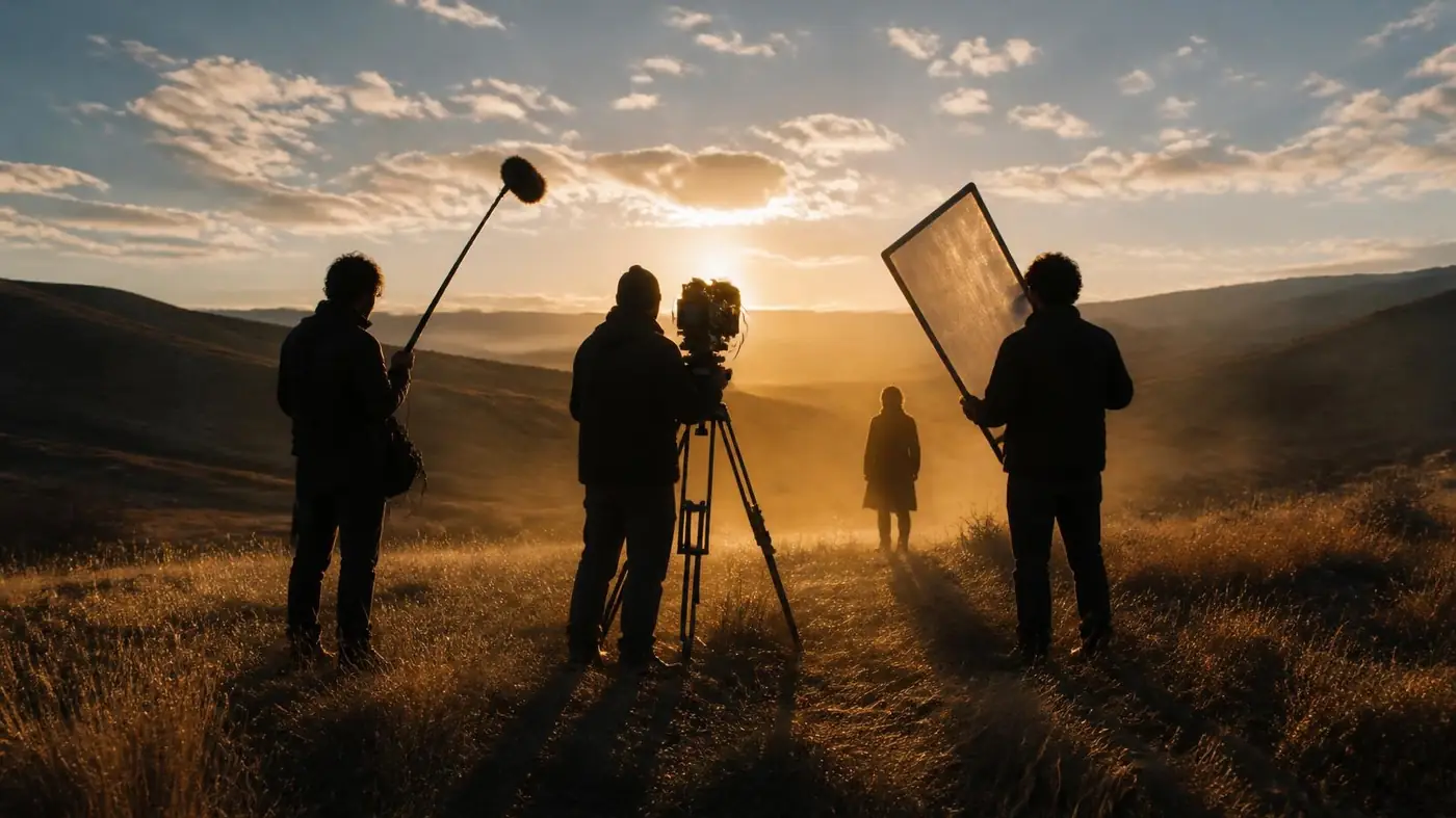 A small film crew on location at golden hour, silhouetted against the low sun with a camera on a tripod and a boom pole.