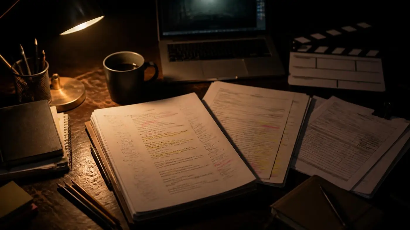 A director’s desk at night: a marked-up screenplay, call sheets, a clapperboard and a laptop under a warm desk lamp.